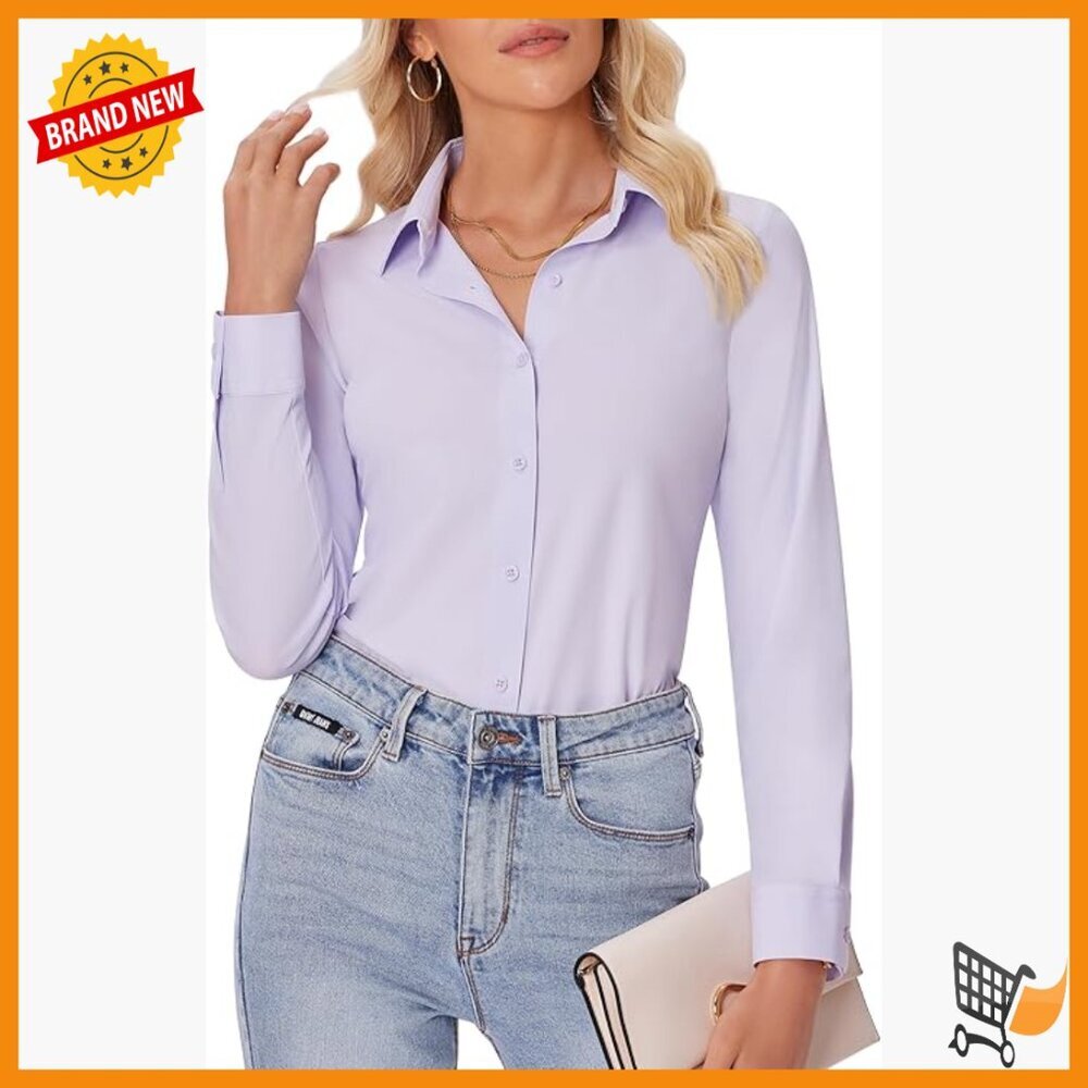 Slim Fit Long Sleeve Button Down Shirt Wrinkle Free Stretch Office Blouse